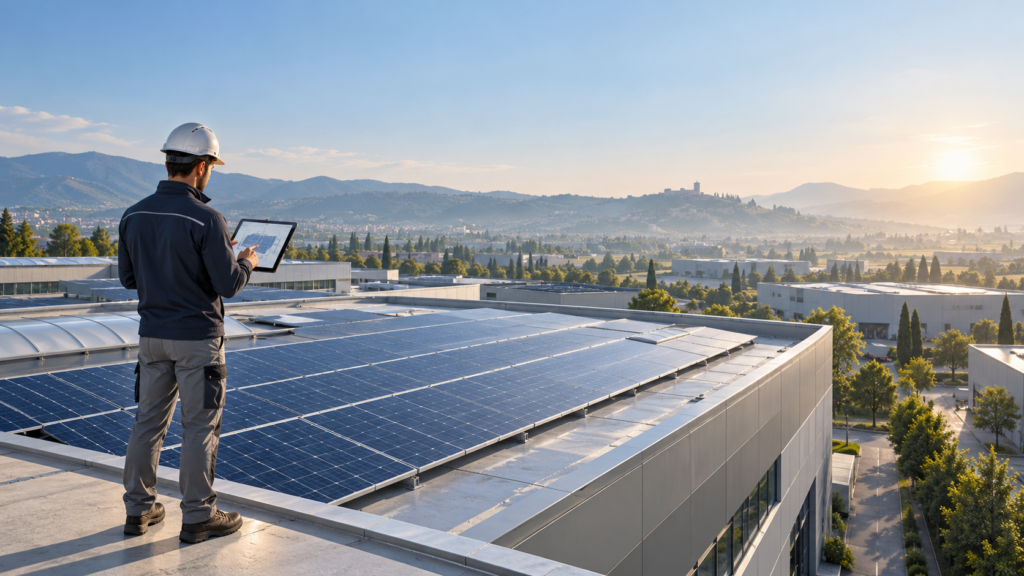 Tecnico specializzato controlla un impianto fotovoltaico su un edificio aziendale