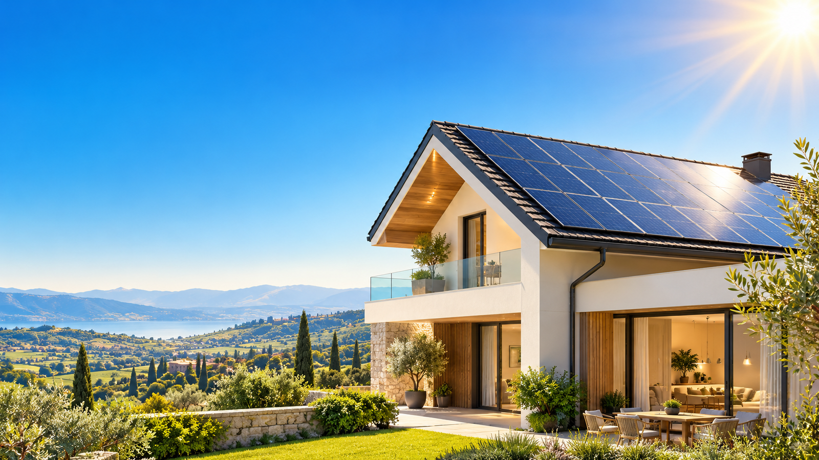 Impianto fotovoltaico su una moderna abitazione italiana illuminata dal sole