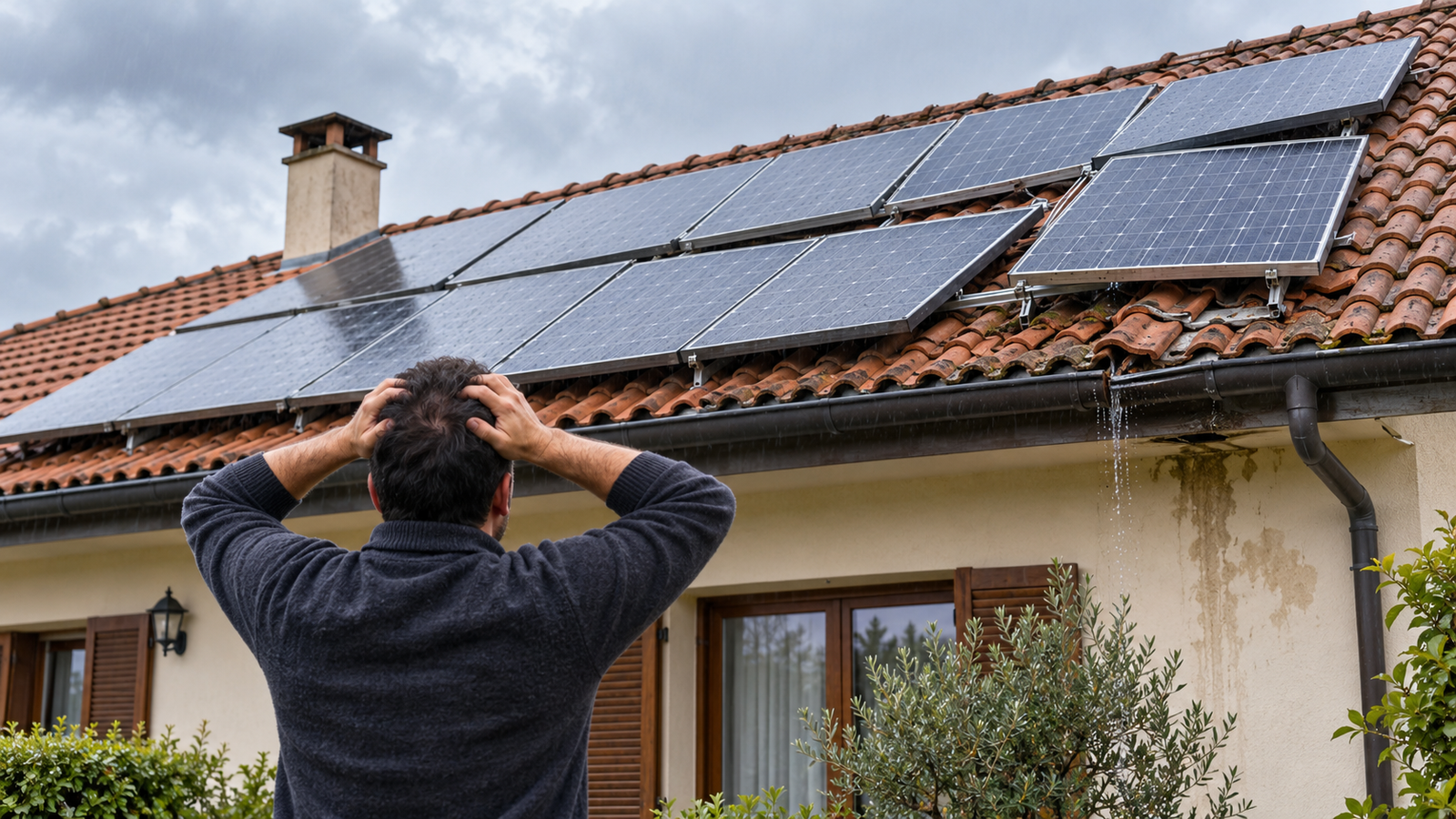 Proprietario preoccupato davanti a un impianto fotovoltaico installato male, con pannelli integri ma disallineati e infiltrazioni